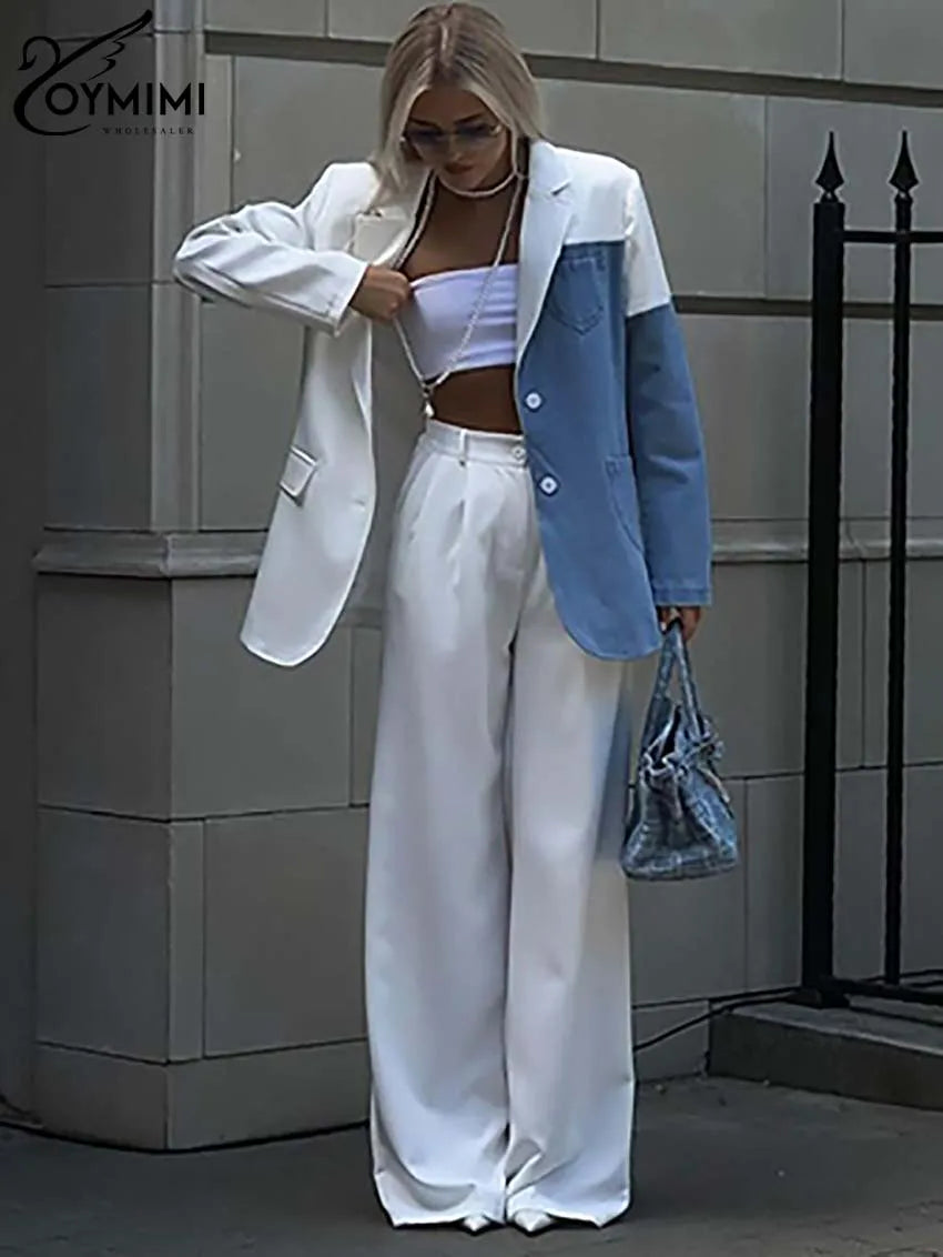 Oymimi Fashion White Denim Women 2 Piece Set Outfit Elegant Patchwork Long Sleeve Button Shirts And Simple Straight Trousers Set