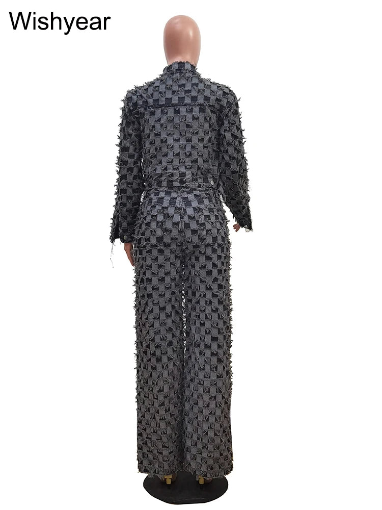 Women's Fashion Gray Denim 2 Piece Set Long Sleeve Patchwork Jacket And Wide Leg Pants Streetwear Grid Wash Jeans Autumn Outfits