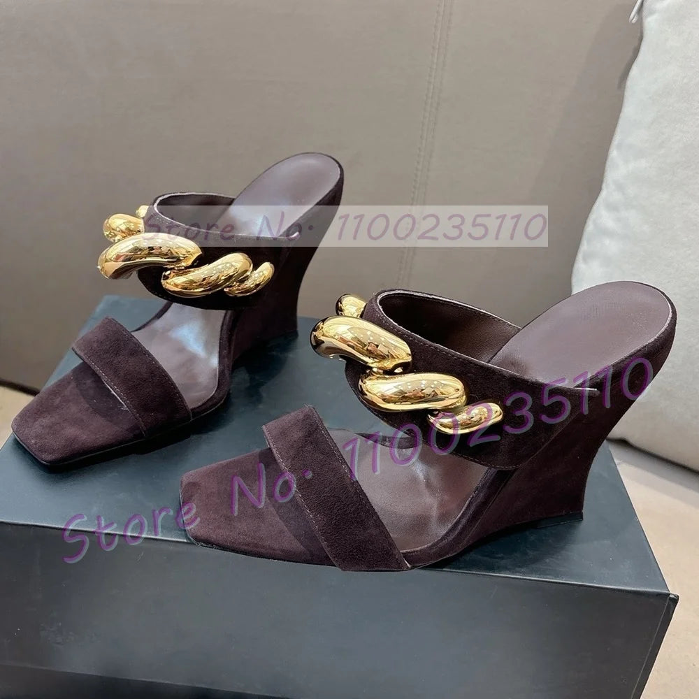 Gold Wave Metal Kid Suede Wedge Mules Women Luxury Square Open Toe Mules Front Strap Party Shallow Real Leather Beige Shoes