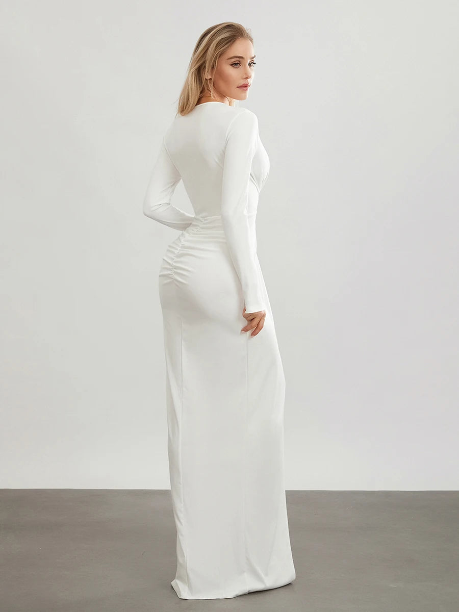 Women's Twist Front Party Dress Elegant Long Sleeve Deep V Neck Bodycon Long Dresses Female Solid Color Formal Evening Gown