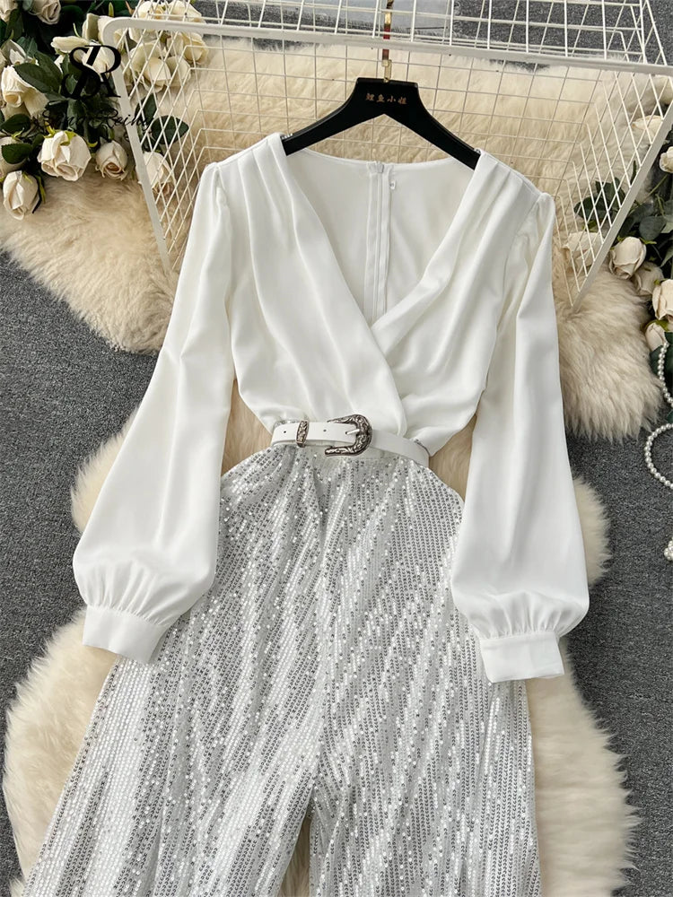 Sequined Patchwork V Neck Wide Leg Jumpsuit for Women