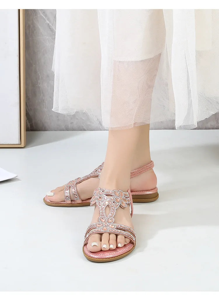 Bohemian Rhinestone Openwork Flat Sandals For Women