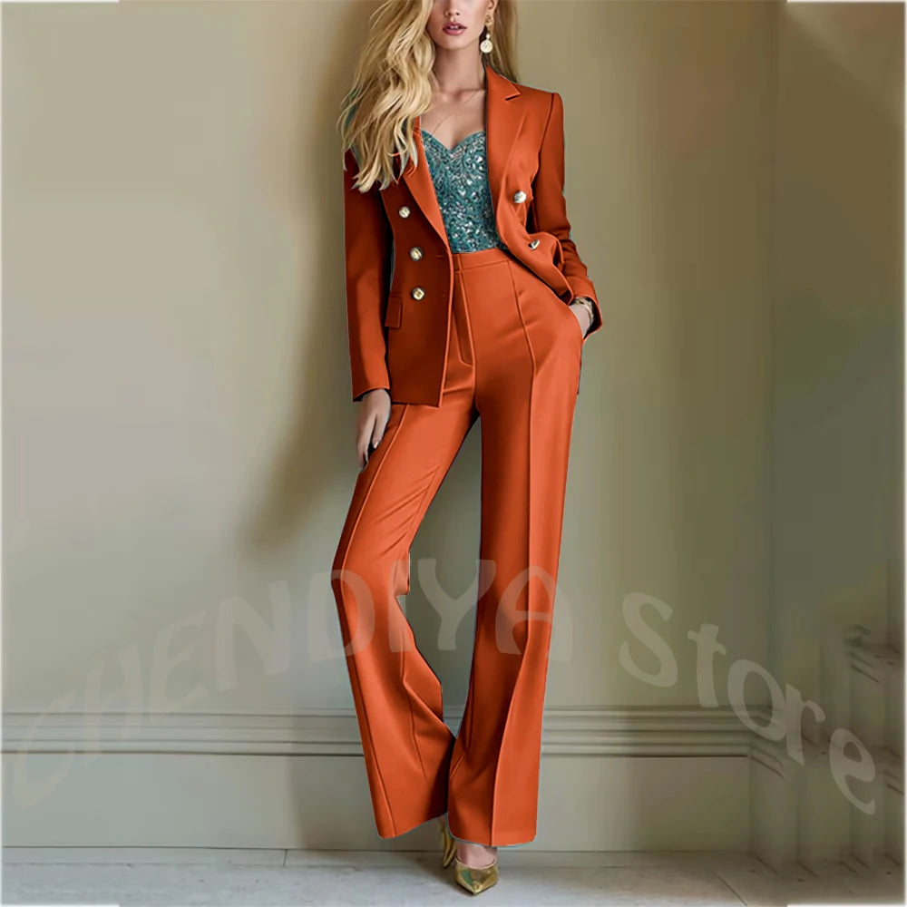 Solid Color Suit For Women High Quality Double Breasted Two Piece Notch Lapel Slim Fit Elegant Fashion Female Outfit Jacket Pant