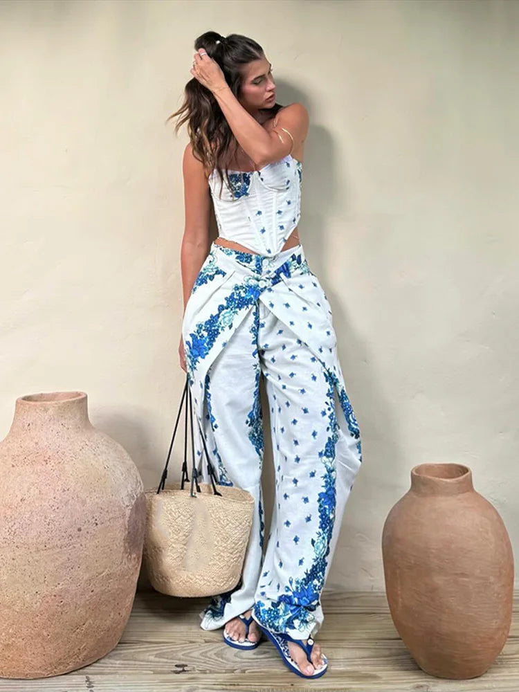 Printed Fishbone Top And Pleated Pants Two Piece Set For Women