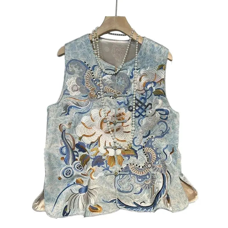 Chinese Style Embroidered Round Neck Sleeveless Vest for Women
