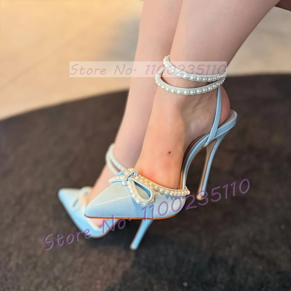Pearl Bow Decal Pointy Toe Heeled Sandals Women Sweet Patent Leather Cross Ankle Strap Stiletto Ladies Summer Party Pink Sandals