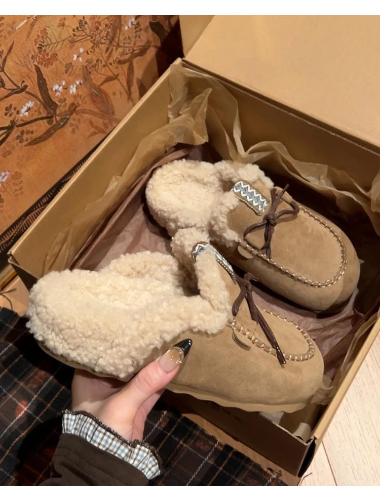 Sheepskin Fluffy Closed Toe Slippers Women Mules Shoes Warm Lace Up Indoor and Outdoor Cotton Shoes Female Winter Fashion