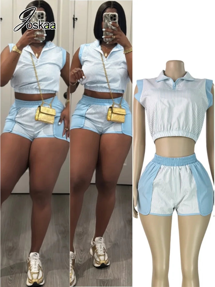 Striped Patchwork Crop Top and Shorts Set for Women