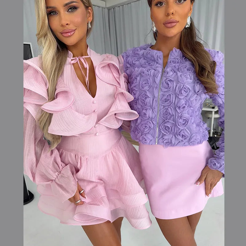 Ruffle Neck Tie Waist Long Puff Sleeves Mini Dress For Women