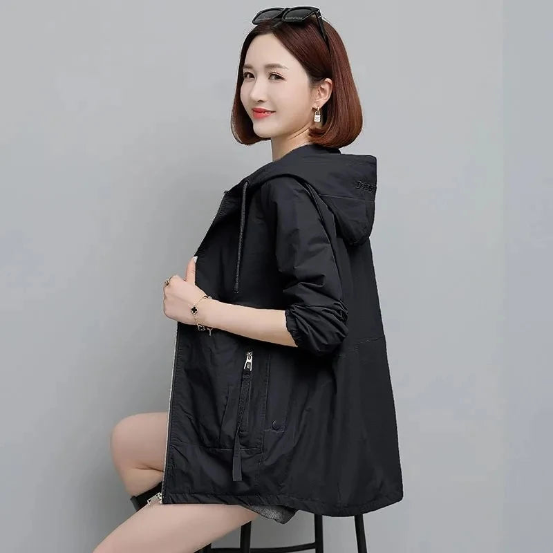 Lining Hooded Coat Female Spring And Autumn Temperament Short Jacket Casual Short Trench Coat Female Hooded Outwear Khaki