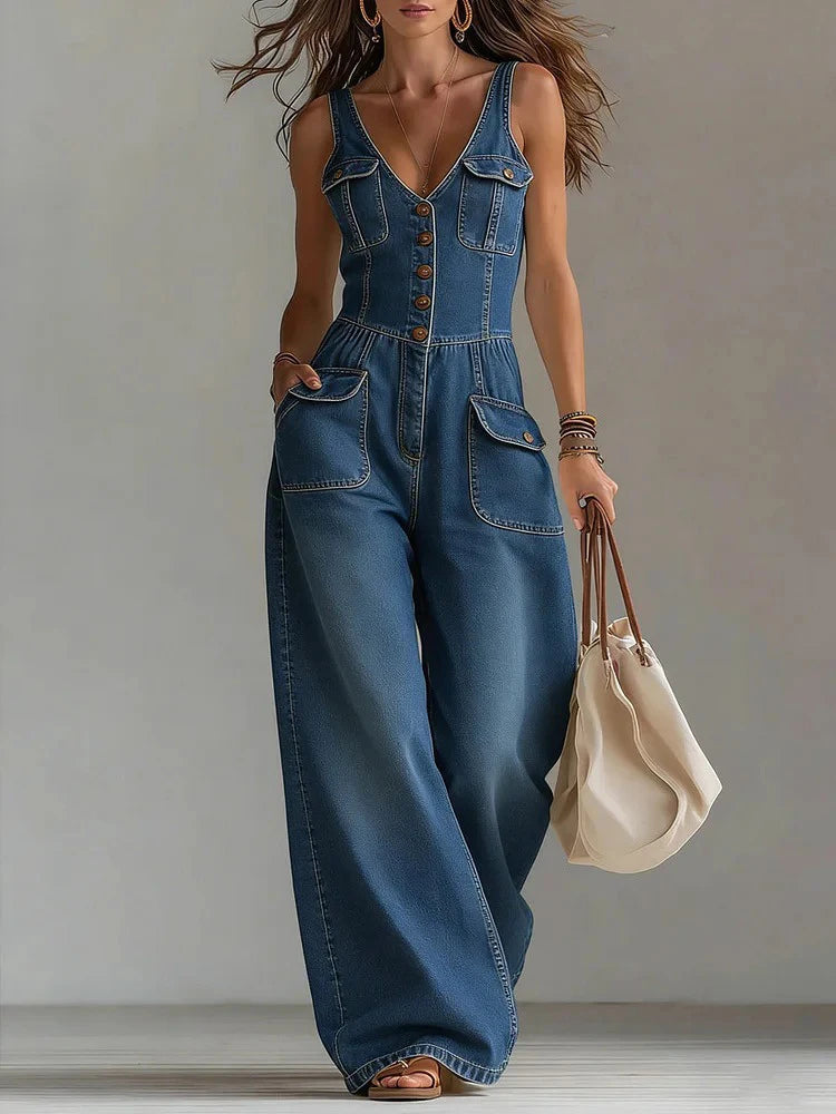 Retro V Neck High Waist Wide Leg Jumpsuit for Women