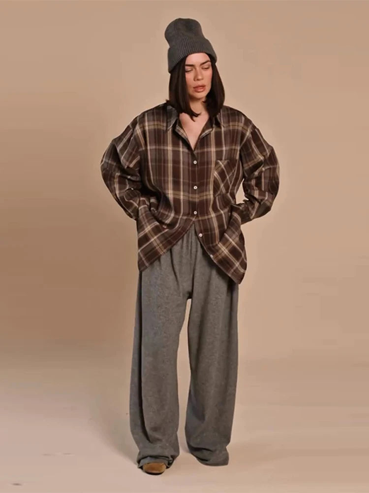 Plaid Loose Long Sleeve Button-Front Shirt for Women
