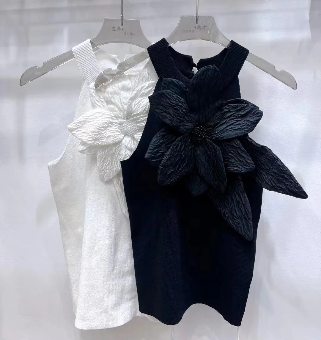 Black White 3D Diamonds Flower Stitch Sleeveless Knitted Top Slim Fit Halter Vest 2025 Sring Summer Knitwear Sexy Crop Tank Top