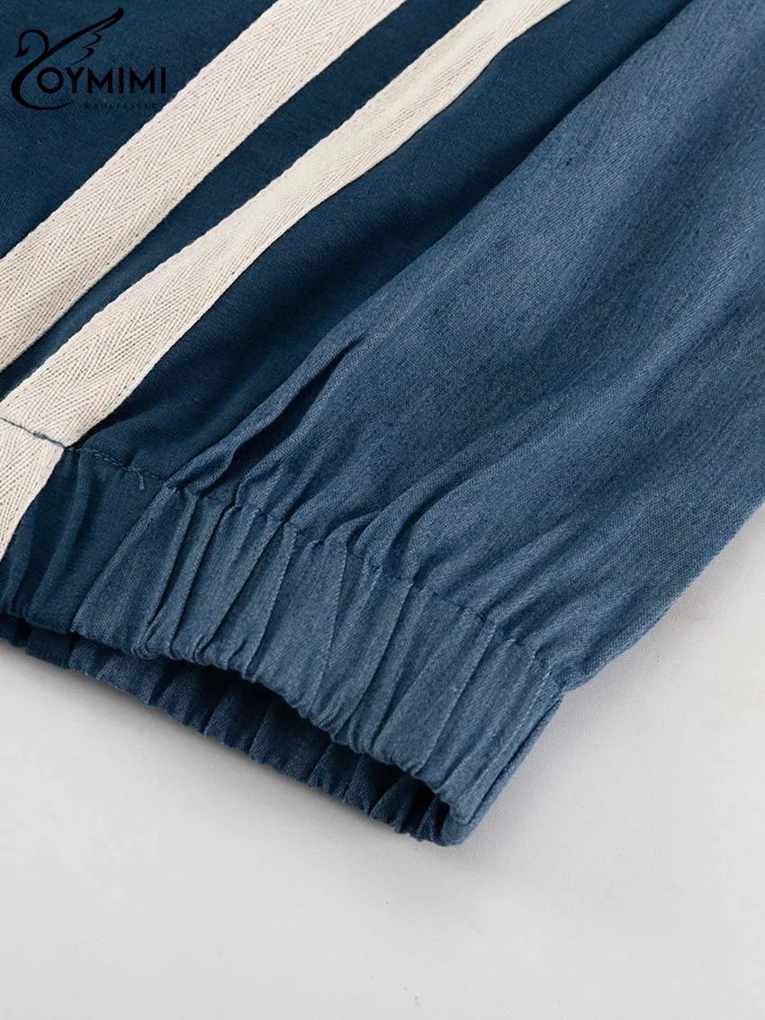 Oymimi Casual Blue Patchwork Sets For Women 2 Pieces O-Neck Long Sleeve Blouse And Drawstring Straight Sweatpants Set Streetwear