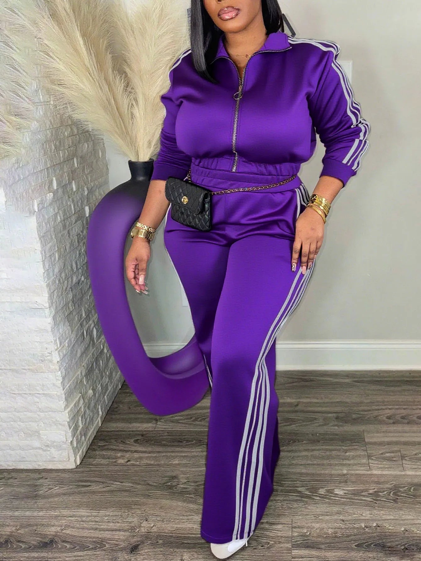 Women’s 2 Piece Tracksuit Set Zip-Up Top + High Waist Pants Side Stripe Casual Outfit