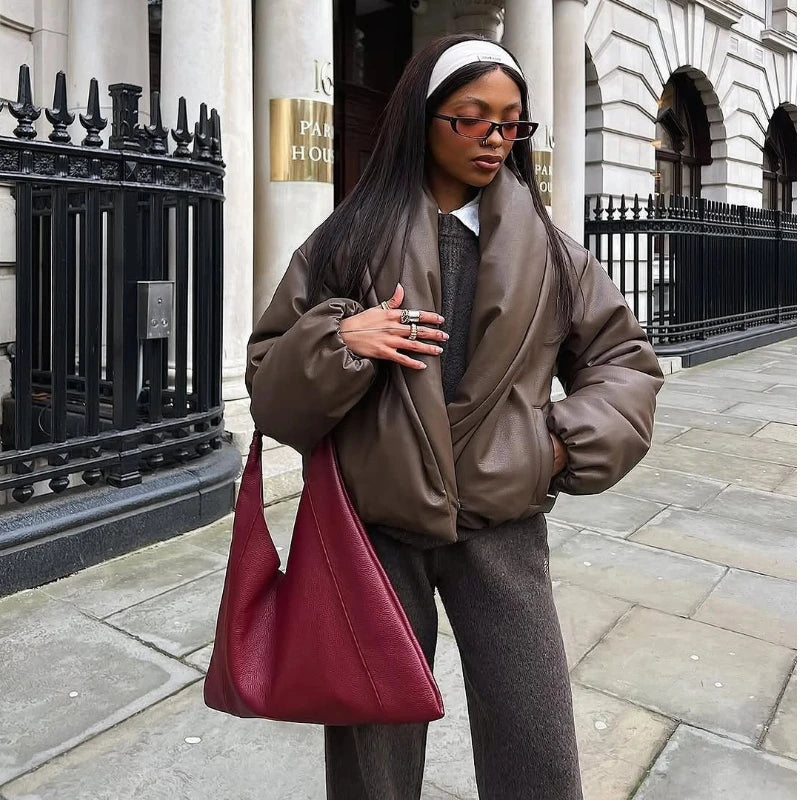 PU Leather Women's Cotton Coat Vintage Laple Full Sleeve Thicken Pockets Female Parka Jackets 2025 Autumn Winter Lady Streetwear