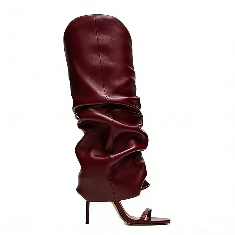 Pointed Toe Knee High Thin Heel Leather Boots for Women