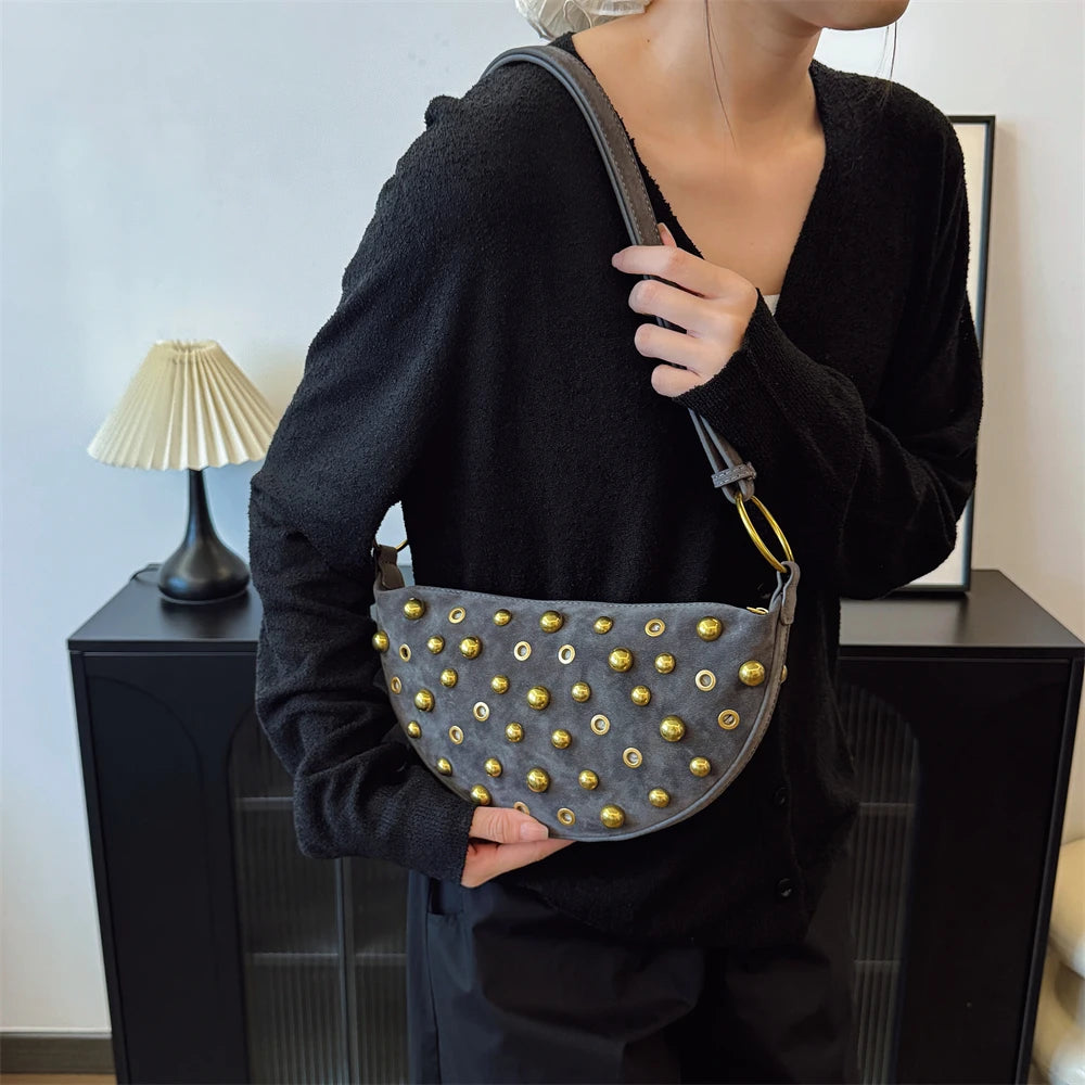 Faux Suede Rivet Half Moon Shoulder Bag for Women