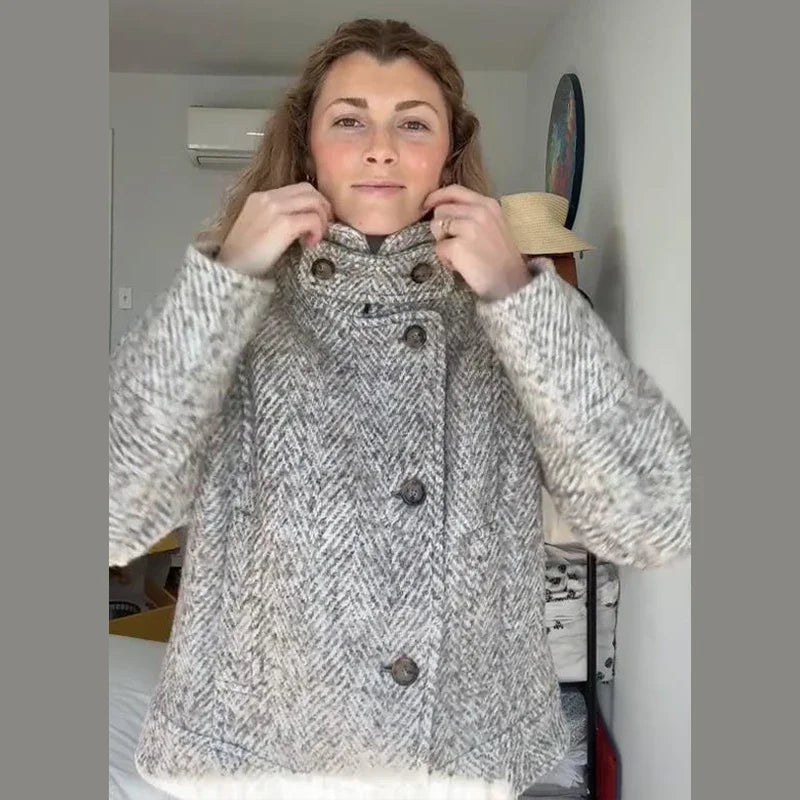 Elegant Print Stand Collar Tailored Long Coat for Women