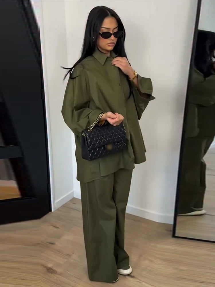 Casual Solid Shirt and Wide Leg Pants Set for Women
