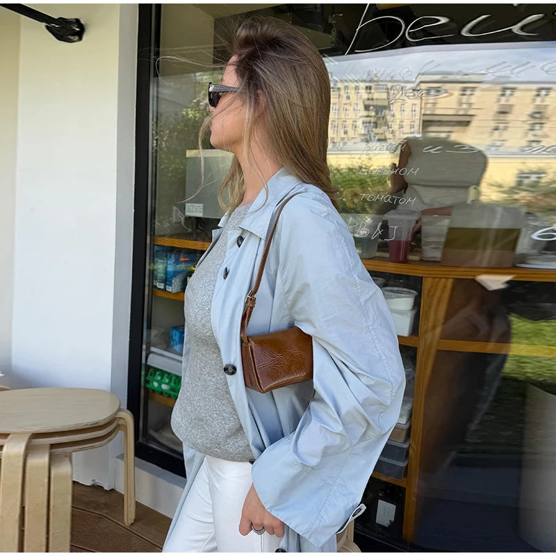 Lapel Collar Button Front Long Trench Coat With Waist Belt for Women