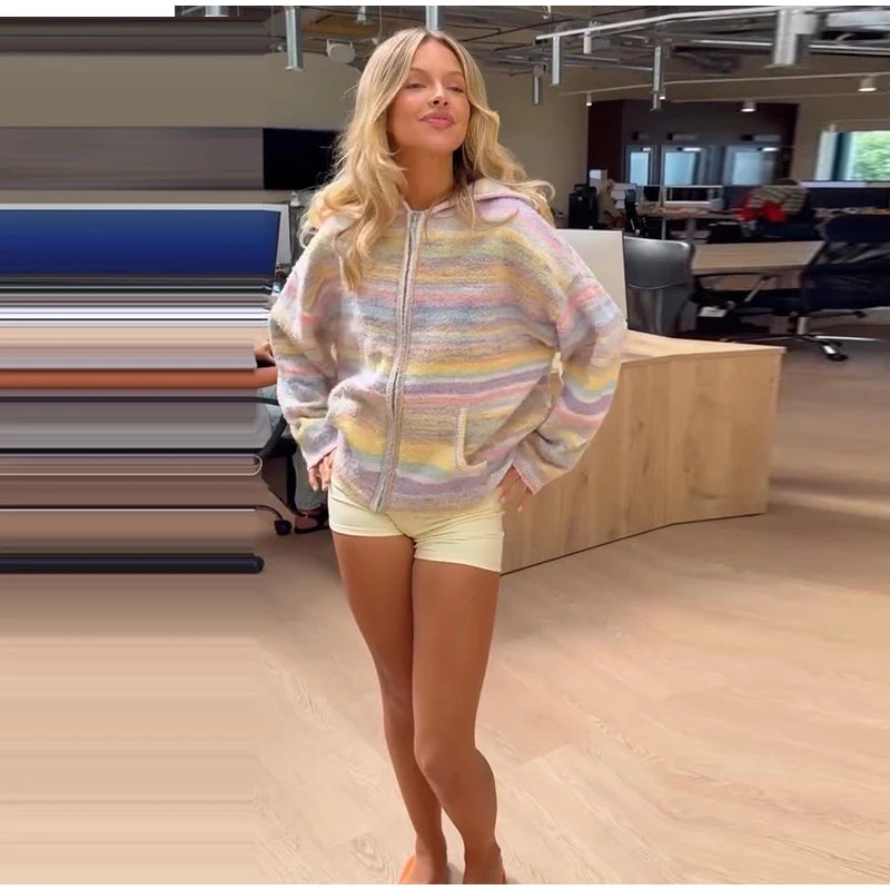Colorful Rainbow Stripe Hooded Knit Cardigan for Women