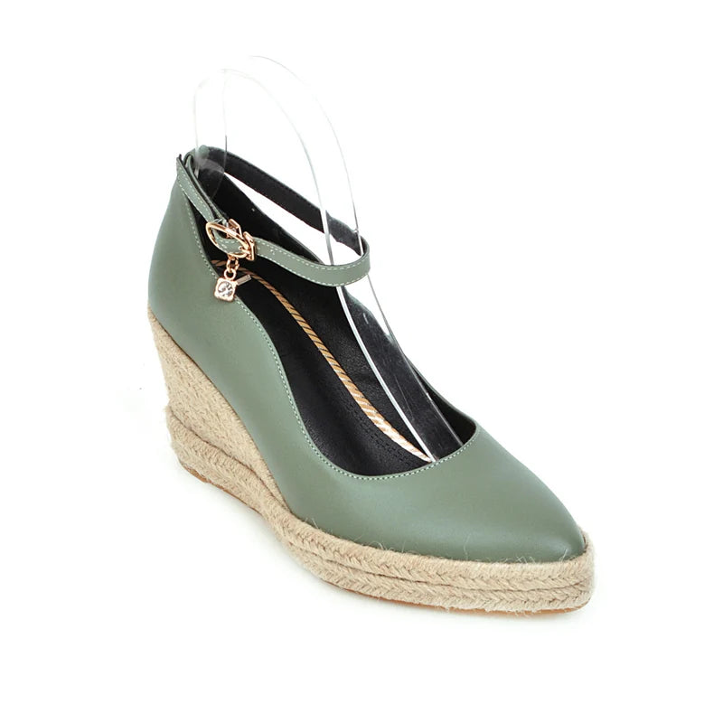 White Green Ankle Strap Platform Wedges