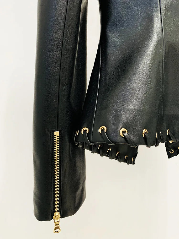 Mandarin Collar Lace-Up Faux Leather Jacket for Women