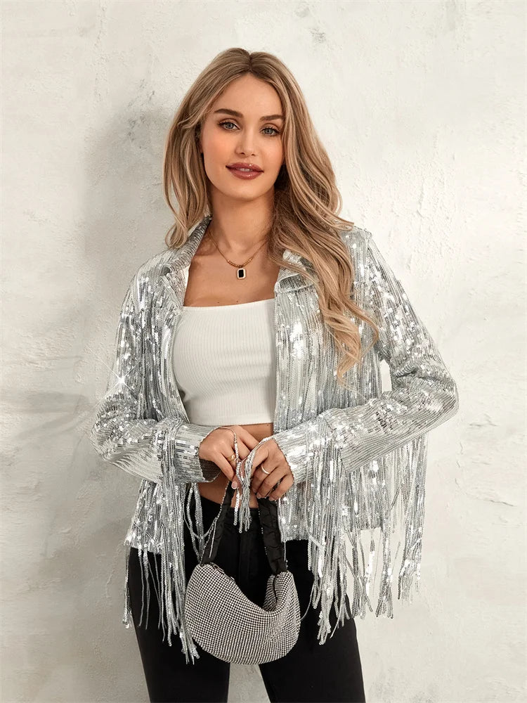 Glam Eighties Inspired Sequin Tassel Lapel Open Front Jacket for Women