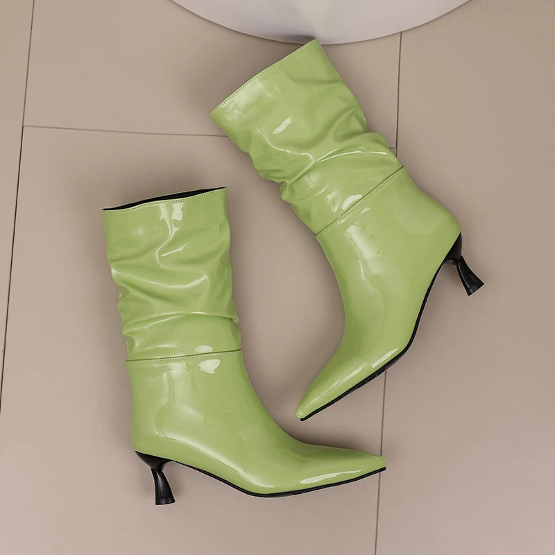 Patent Leather Pointed Toe Mid Calf Slouch Boots for Women