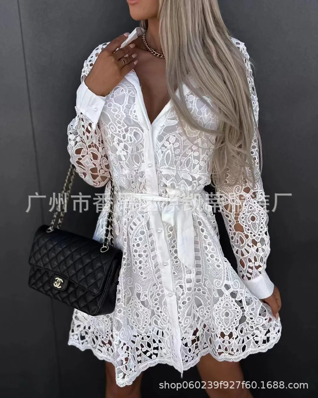Chic Lace Cutout Long Sleeve Shirt Dress for Women