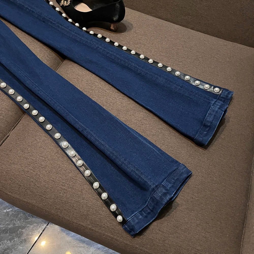 TWOTWINSTYLE Blue Denim Pearl Embellished Suit for Women Tailored Blazer Flared Pants Two Piece Set for Fashion Shows KSE559320