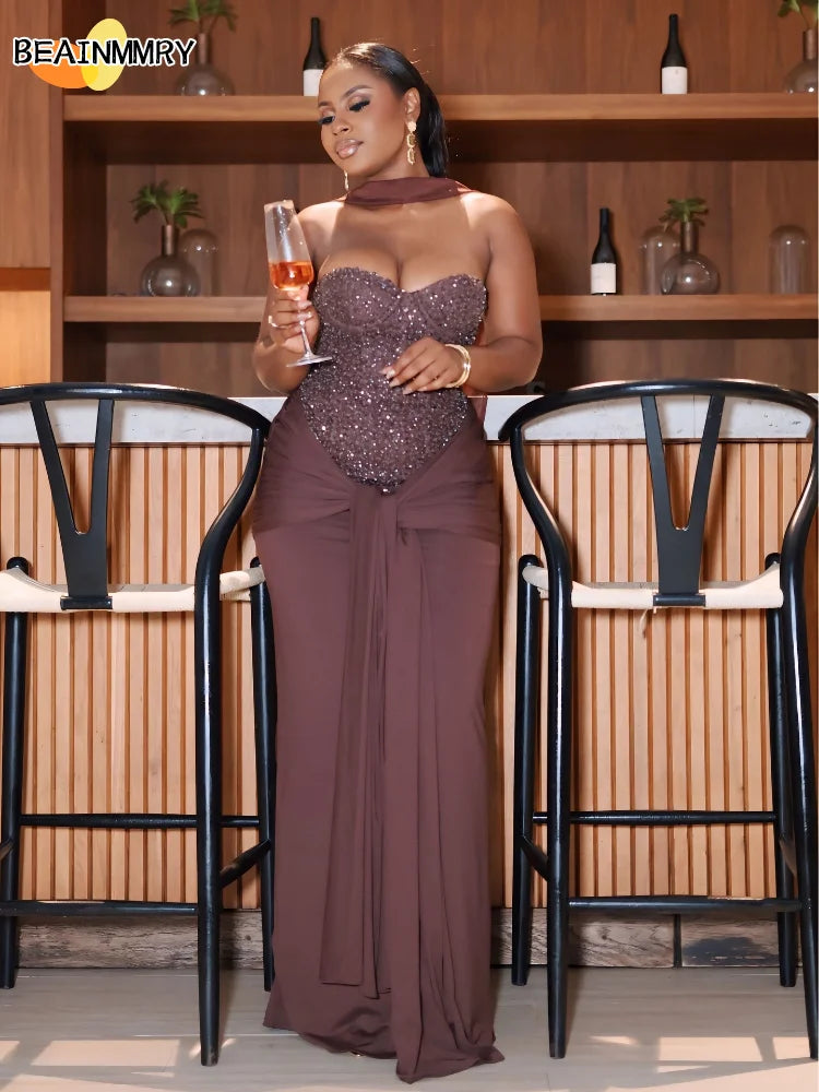 Solid Sexy Strapless Sequin Patchwork Dress Women Sleeveless Backless Cinched-waist Pleated Maxi Dresses Lady Party Evening Gown