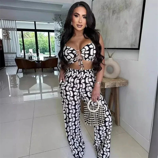 Black White Print 2 Piece Outfit Set Women Clubwear Hollow Out Spaghetti Strap Lace-up Crop Top and Wide Leg Pants Matching Sets
