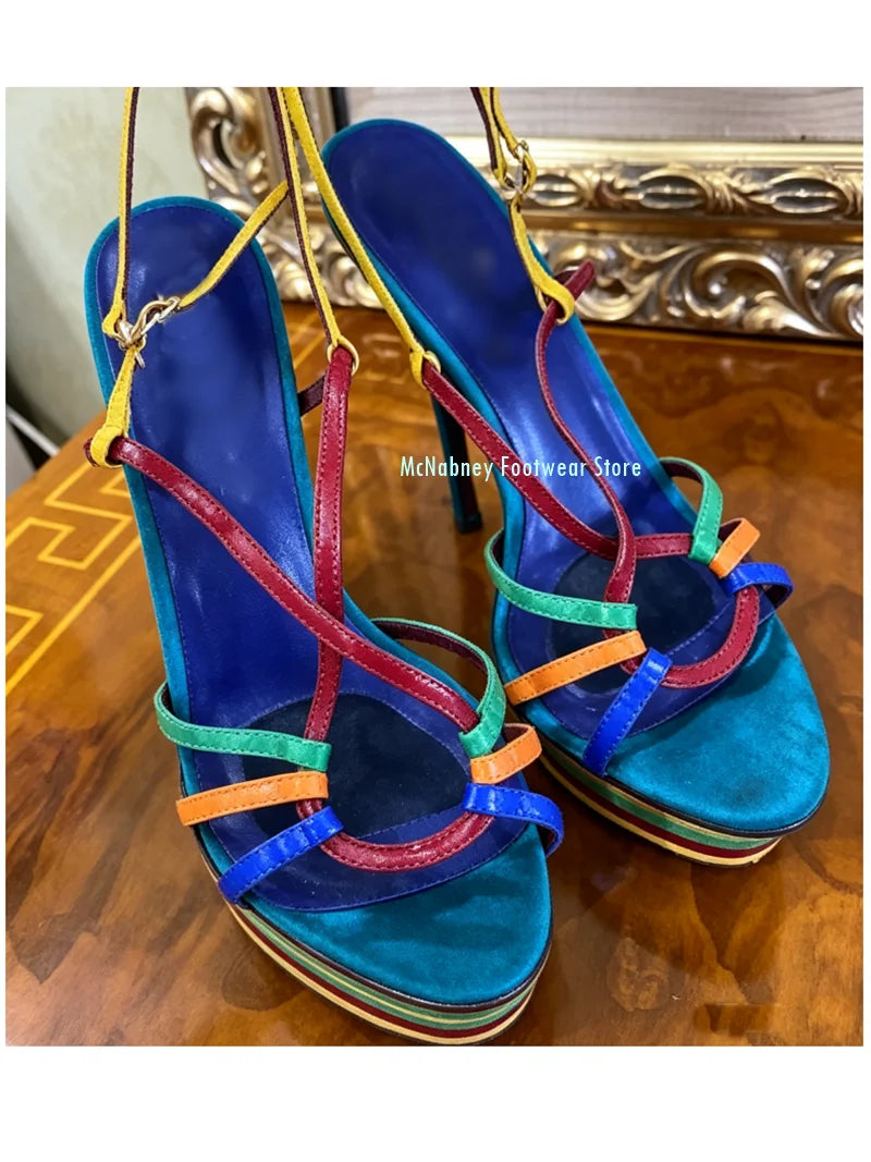 Rainbow Colored Pointed Toe Platform Stiletto Sandals for Women
