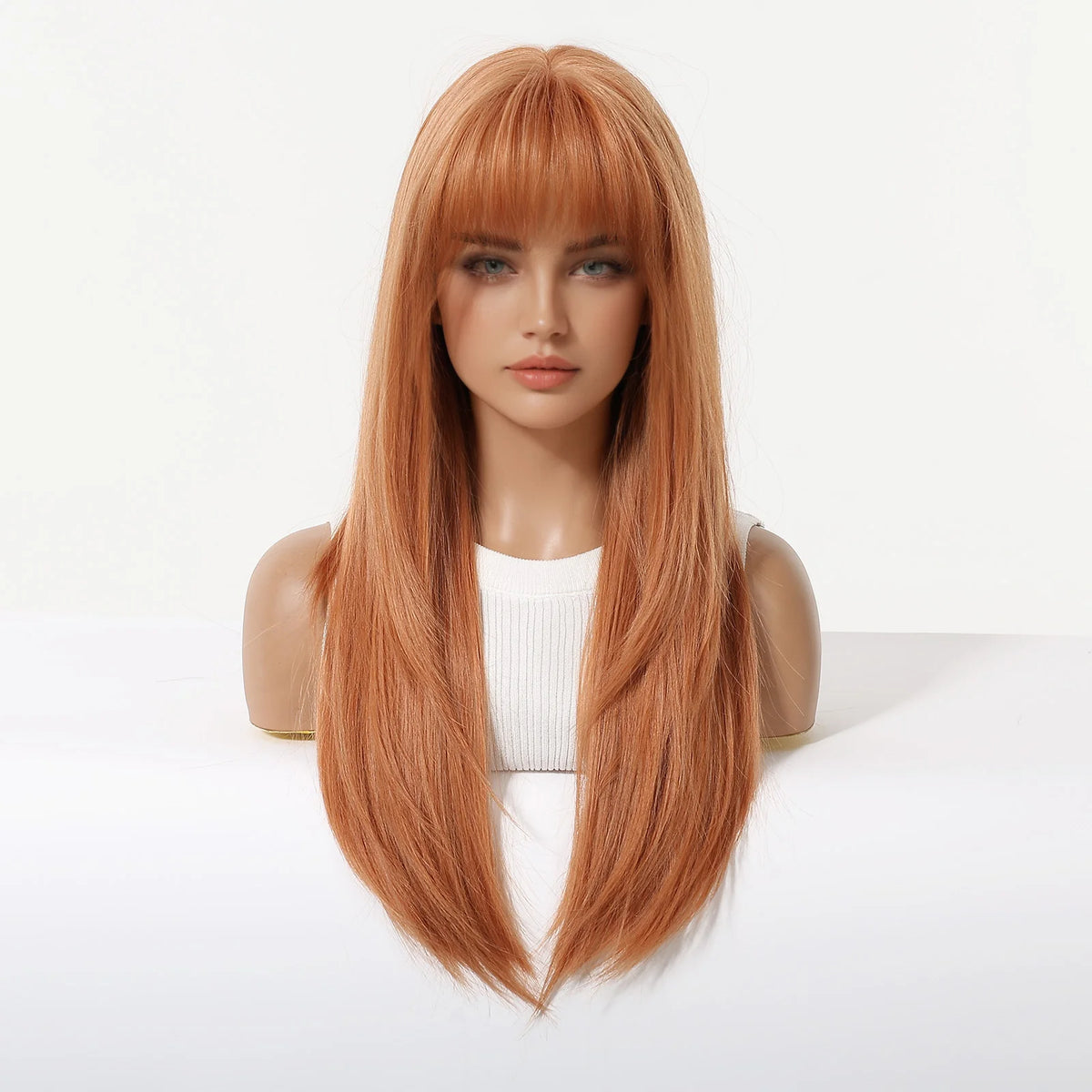 Long Layered Orange Straight Wig With Bangs for Women