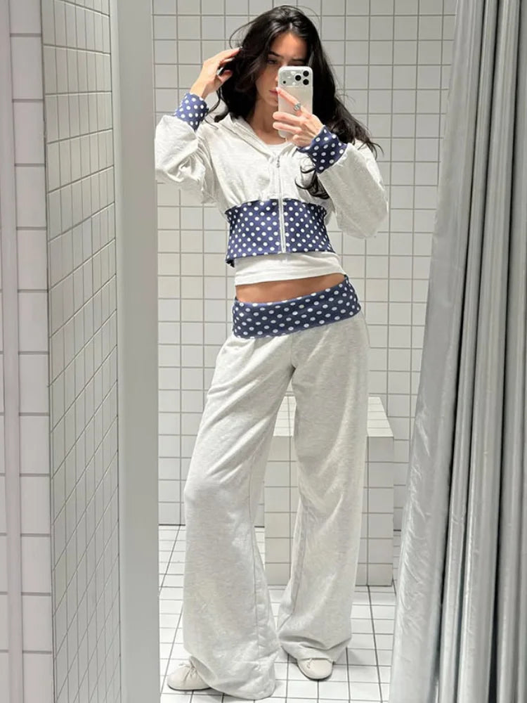 Polka Dot Hooded Zipper Crop Top And Wide Leg Pants For Women