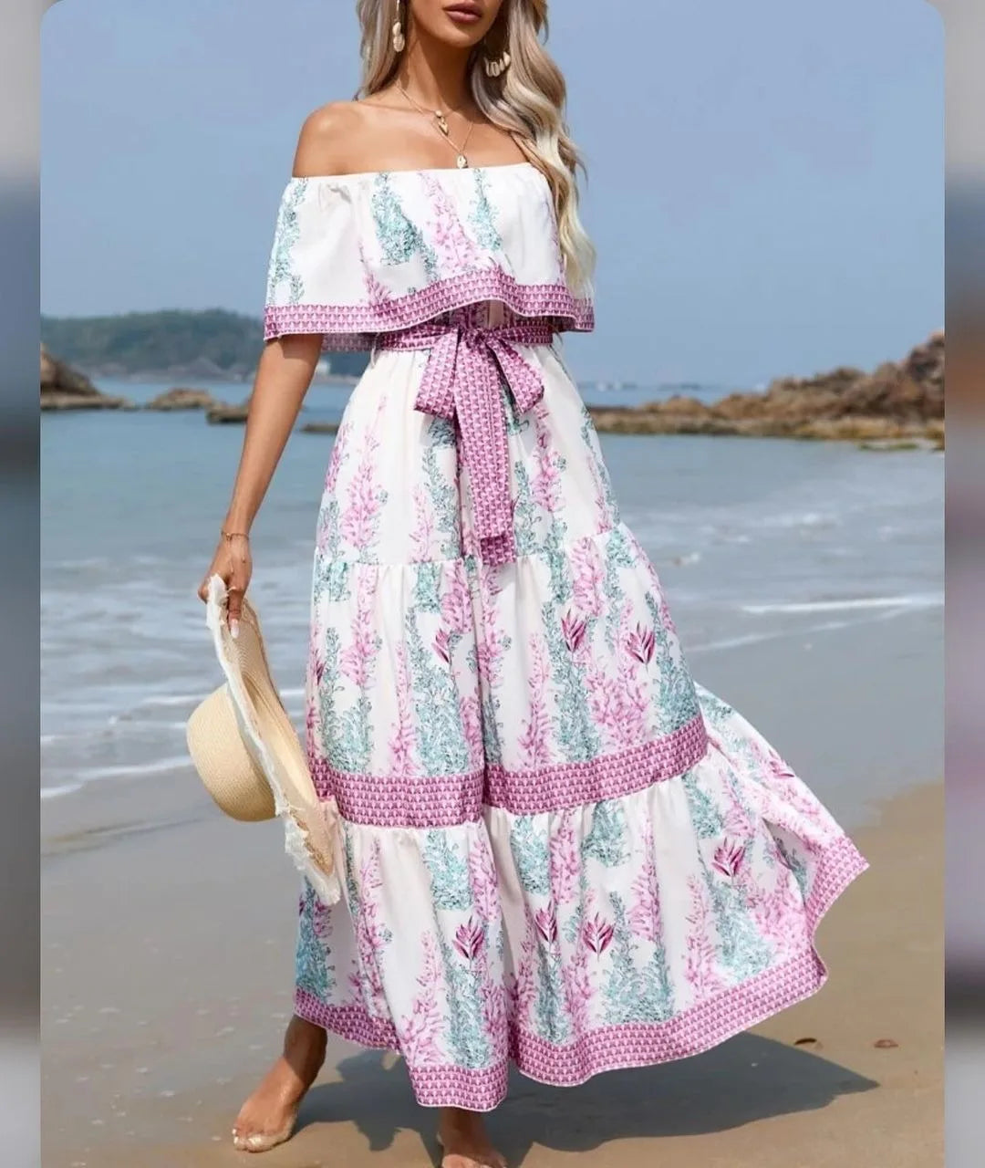 Floral Print Off Shoulder High Waist Dress for Women
