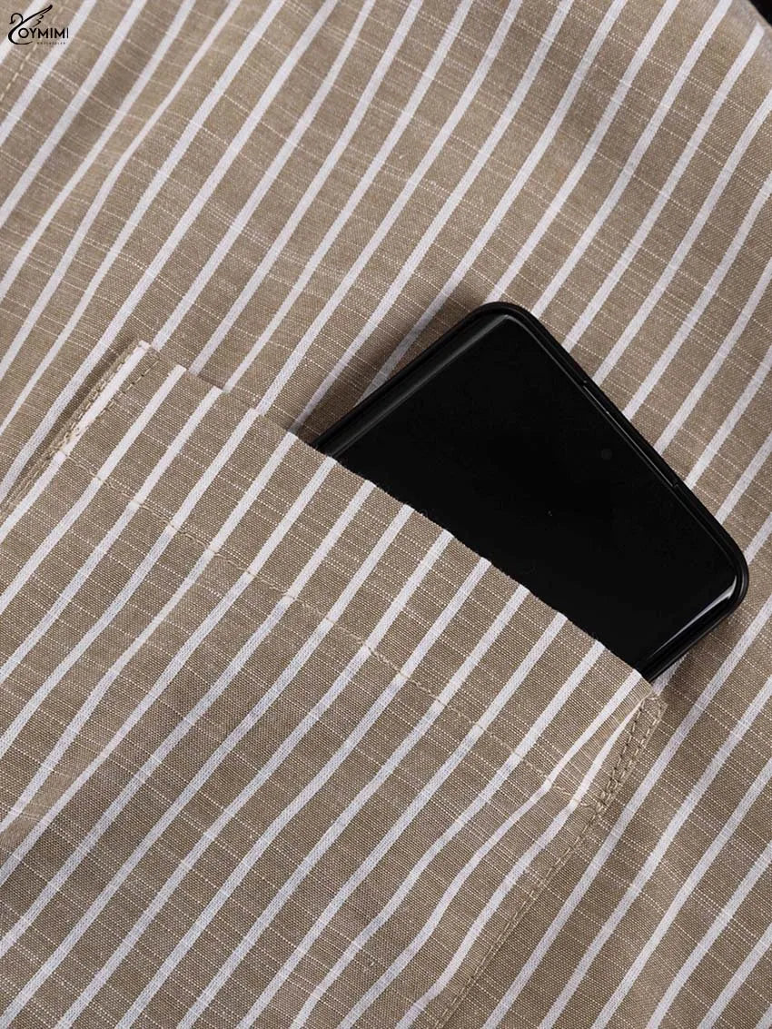 Oymimi Fashion Brown Striped Print Women Top Elegant Long Sleeve Pockets Lace-Up Blouses Spring Casual New Lapel Button Shirts