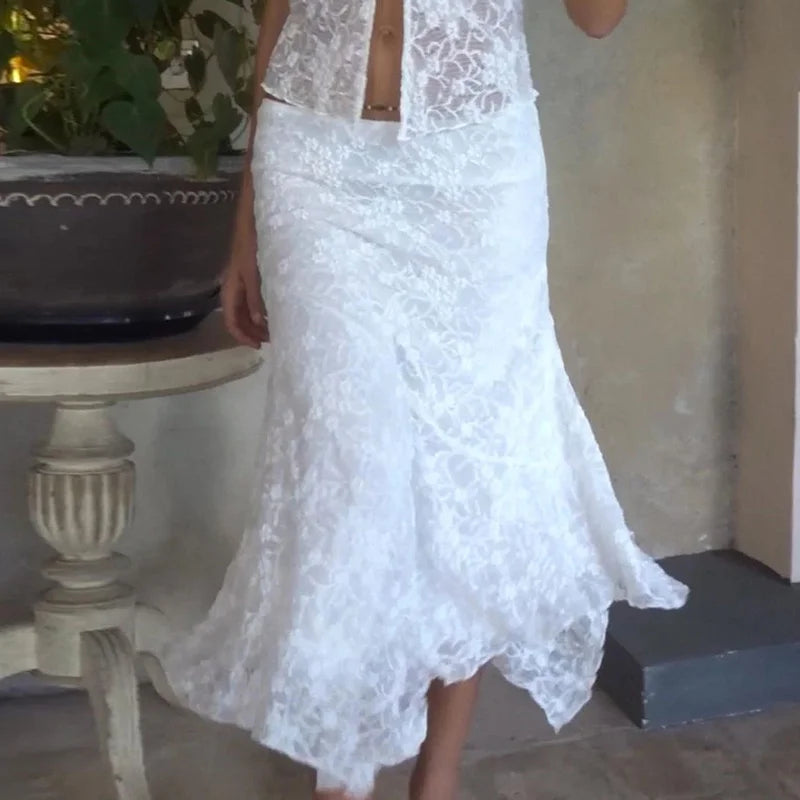 Elegant Chic Two Piece Lace Top and Skirt Set for Women