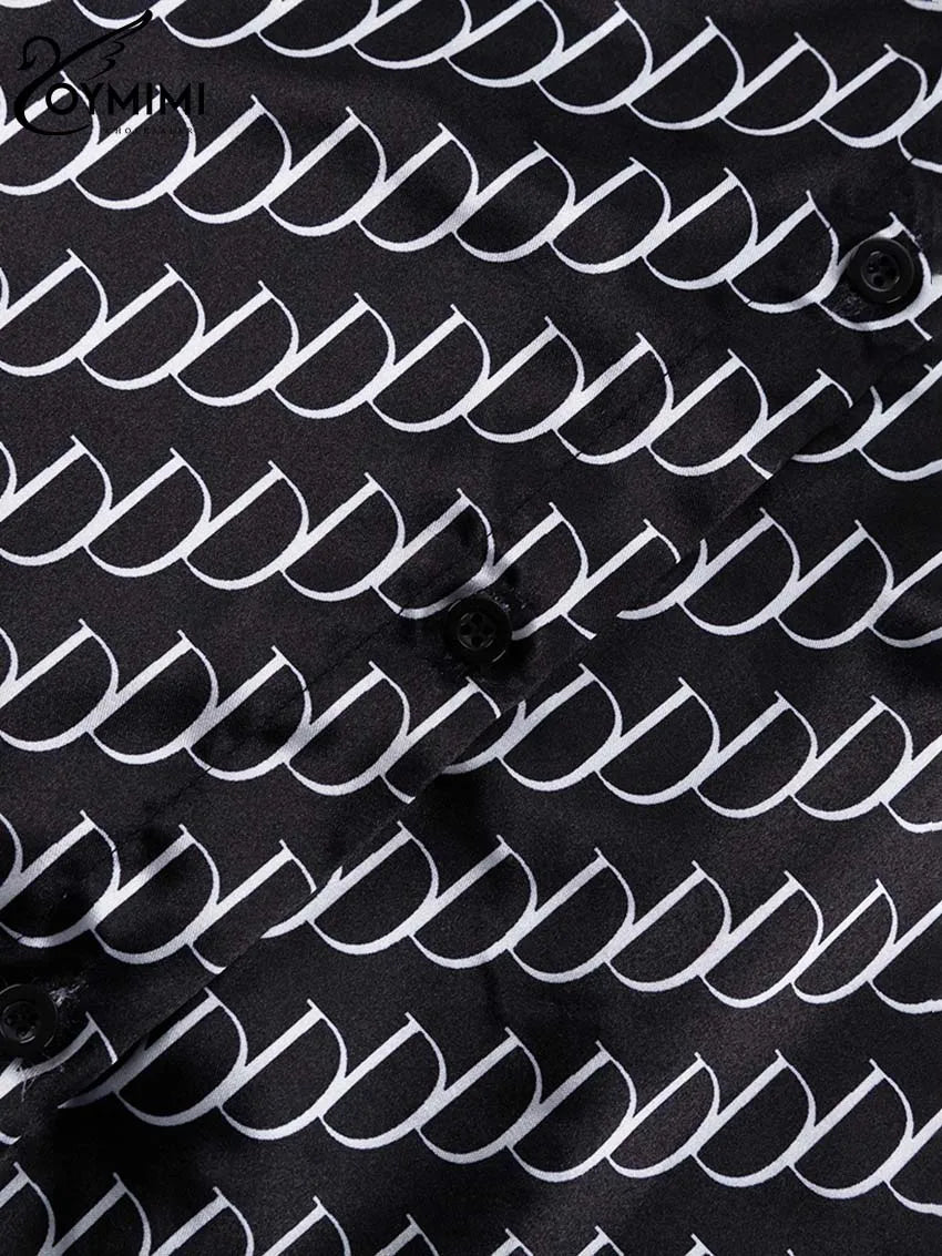 Oymimi Fashion Black Print Womens 2 Piece Outfit Set Elegant Lapel Long Sleeve Shirts And High Waisted Lopse Straight Pants Sets