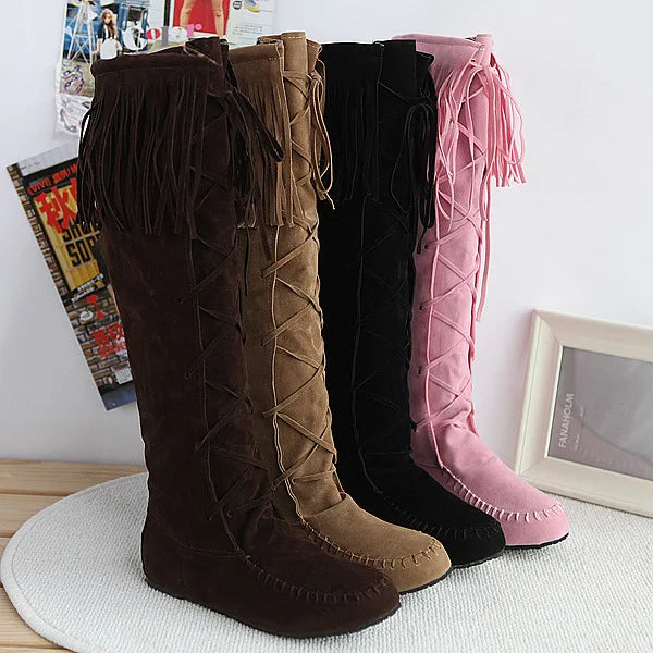 Vintage Inspired Fringe Lace Up Knee High Boots for Women