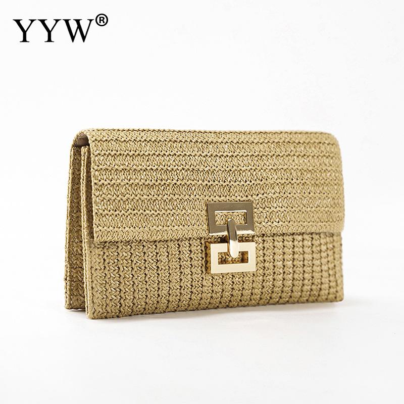 Straw Envelope Evening Party Handbag Fashion Women Weave Pattern Gold Clutch Messenger Purses Lady Daily Commuting Wallet Bags