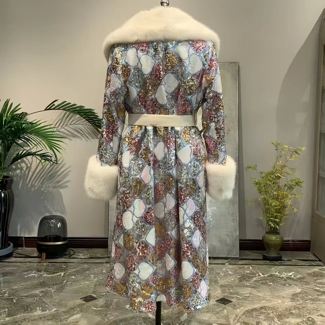 Faux Fur Coat for Women,Adjustable Waist Long Jacket,V-Neck Outwear,Sequins,Spliced,Luxury,Autumn and Winter
