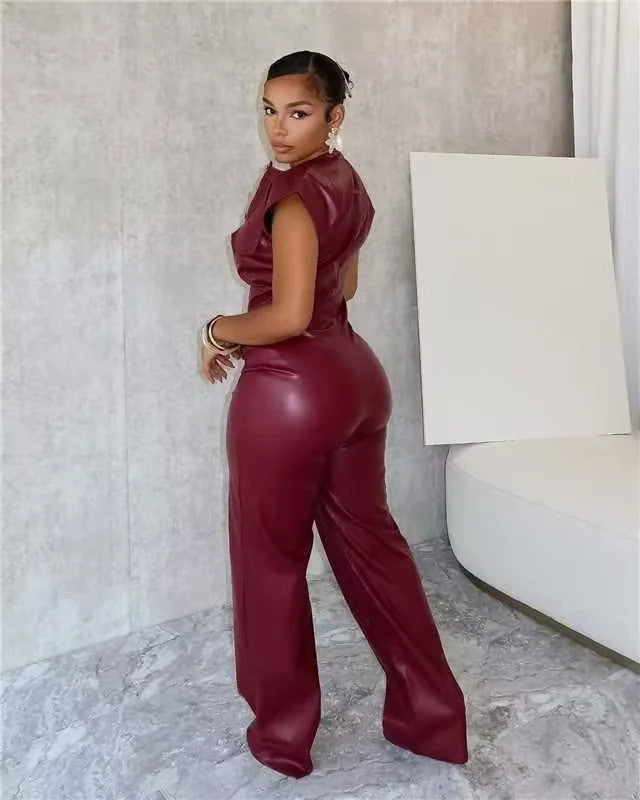 Solid Color Dark Red Wide Leg Pu Leather Jumpsuit for Women