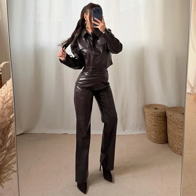 PU Leather Turn-Down Collar Jacket and Pants Set for Women