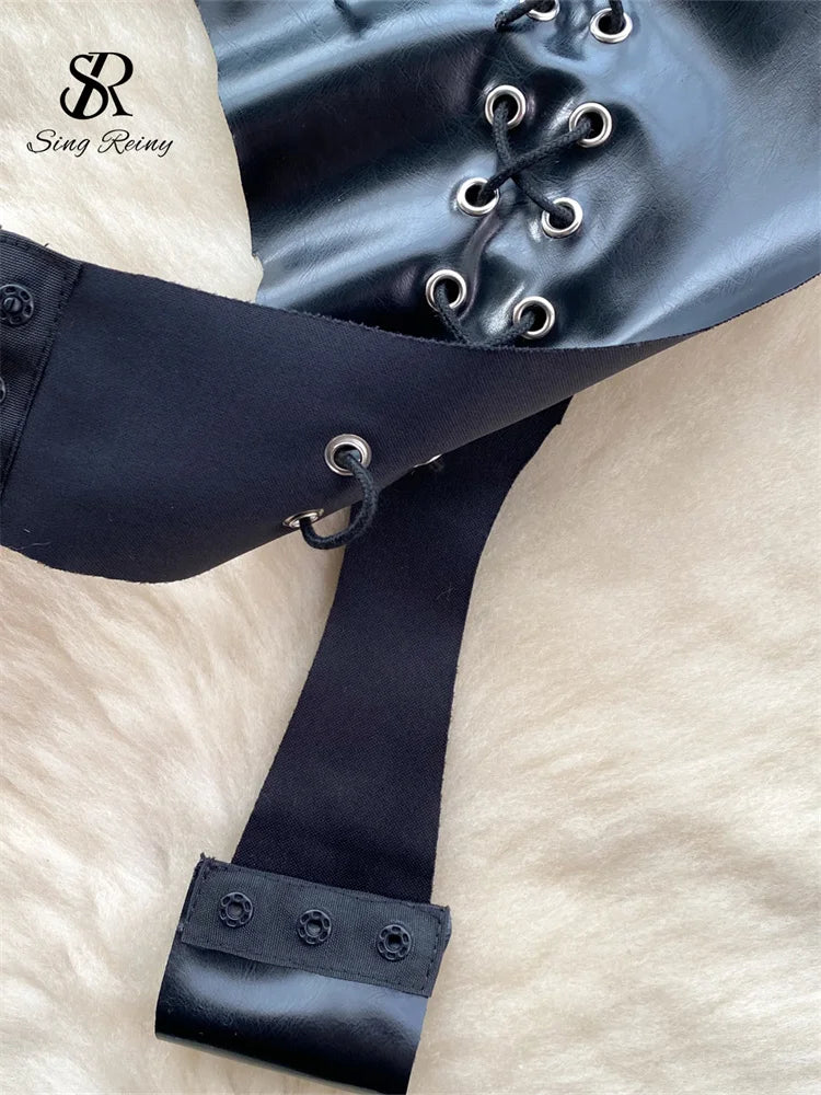Strapless PU Leather Lace-Up Backless Bodysuit for Women