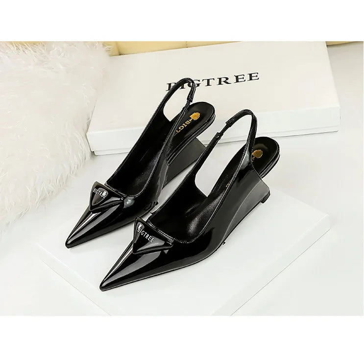 Patent Leather Wedge Heel Pumps With Back Strap for Women