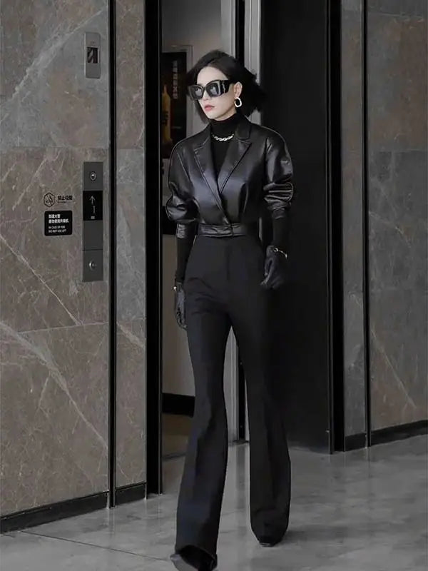 Trendy Faux Leather Blazer And Flared Pants Set For Women