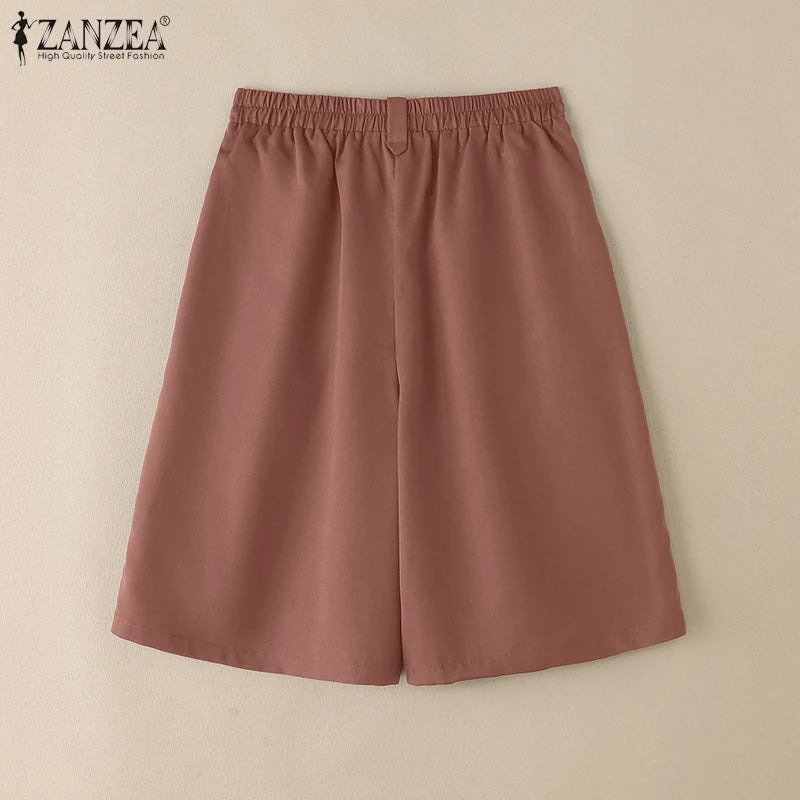 ZANZEA Woman Casual Mid-Length Shorts Elastic High Waist Loose Solid Wide Leg Pants 2025 Summer Holiday Comfort Weekend Shorts